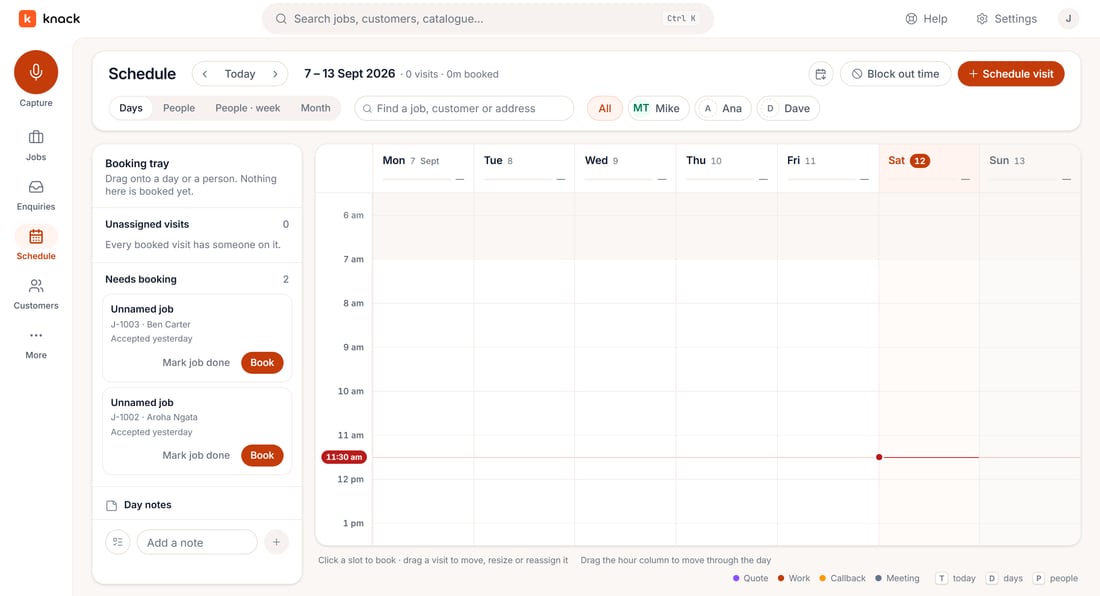 The Schedule page's booking tray with two accepted jobs under Needs booking.