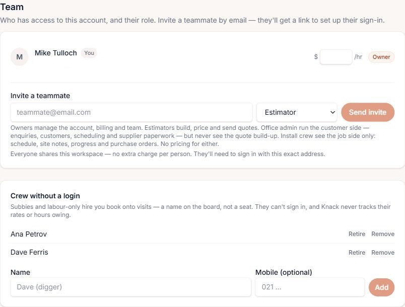 Settings, Team: the owner, the invite form, and two crew members added under Crew without a login.