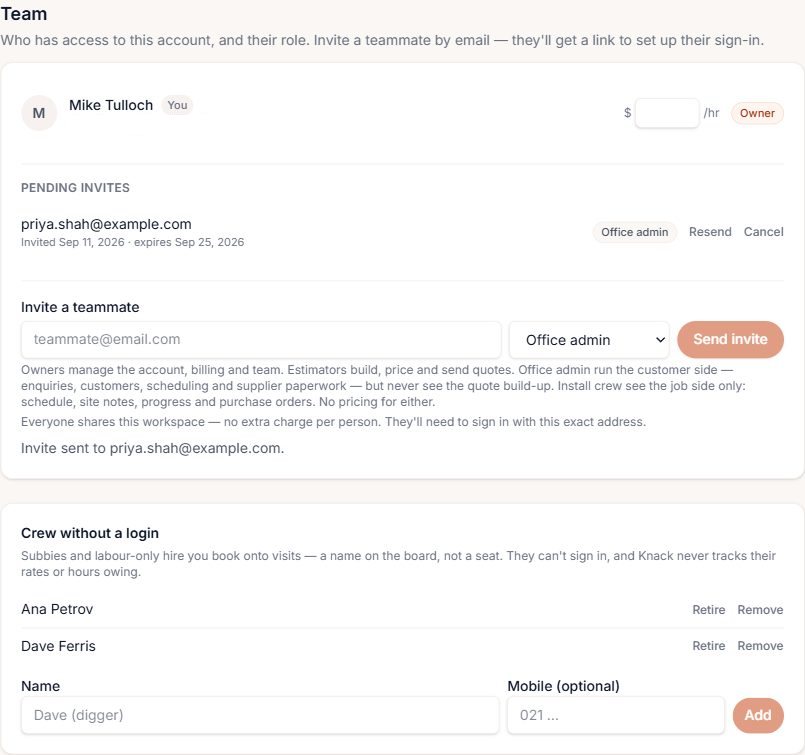 Pending invites showing the invited email, its role, when it was sent and when it expires, with Resend and Cancel.