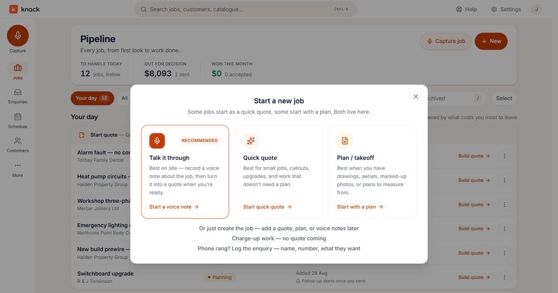 The Start a new job dialog in Knack, offering Talk it through, Quick quote and Plan / takeoff.