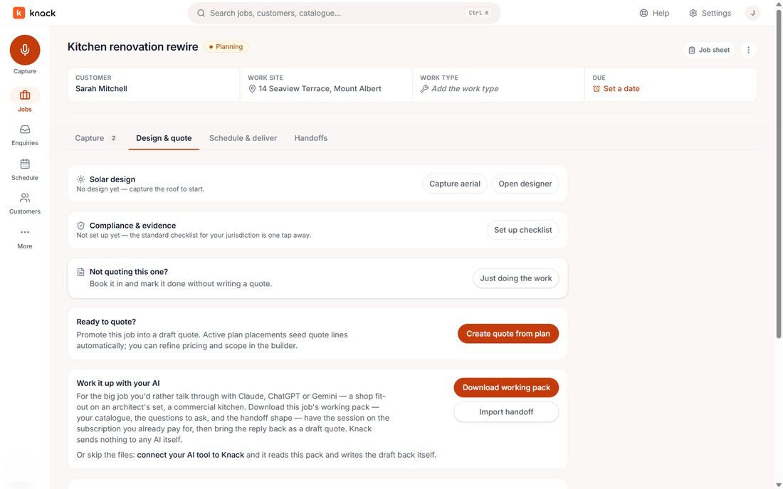 The job's Design & quote tab with the Create quote from plan button.