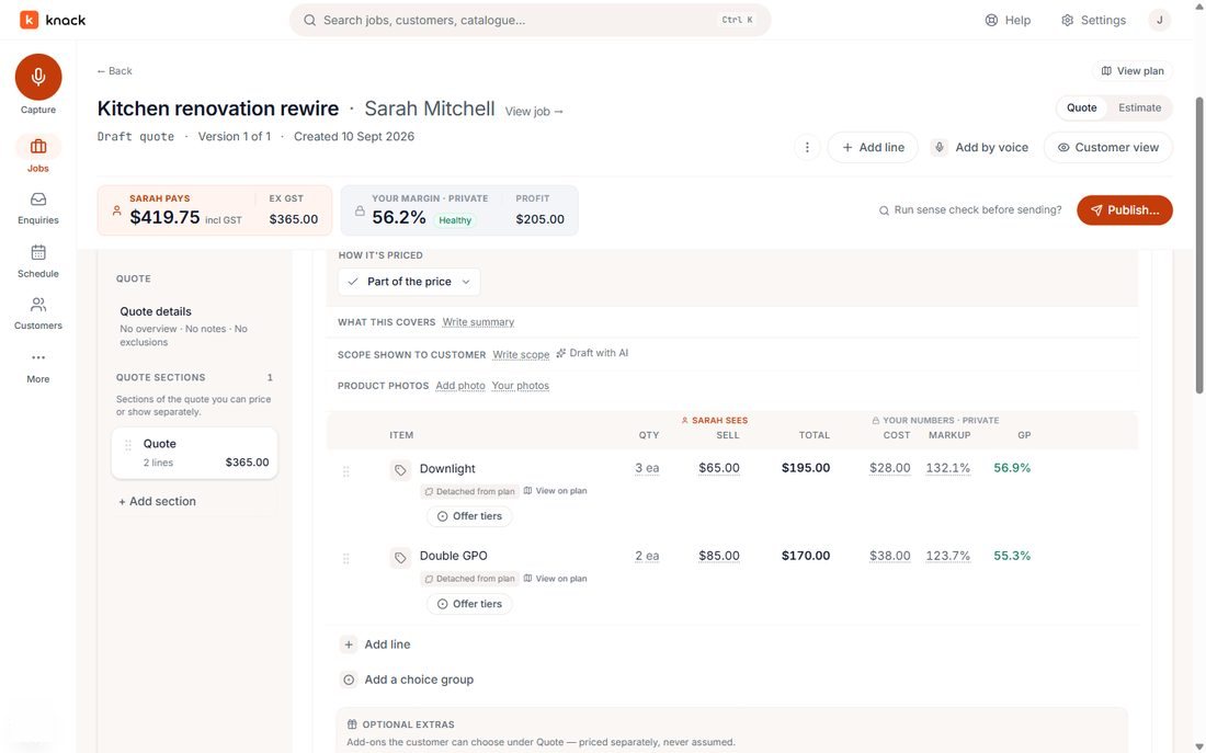 The quote builder with two priced lines, the customer's total of $419.75 and a private 56% margin.