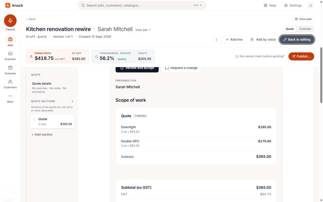 Customer view of the quote: two lines and a subtotal, with no cost or margin columns.