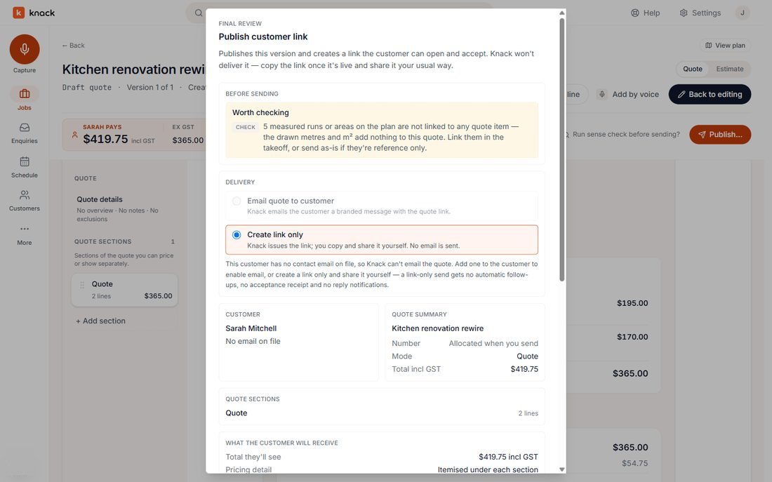 The Publish customer link review, with a check about unlinked plan runs and a choice of emailing the quote or creating a link only.