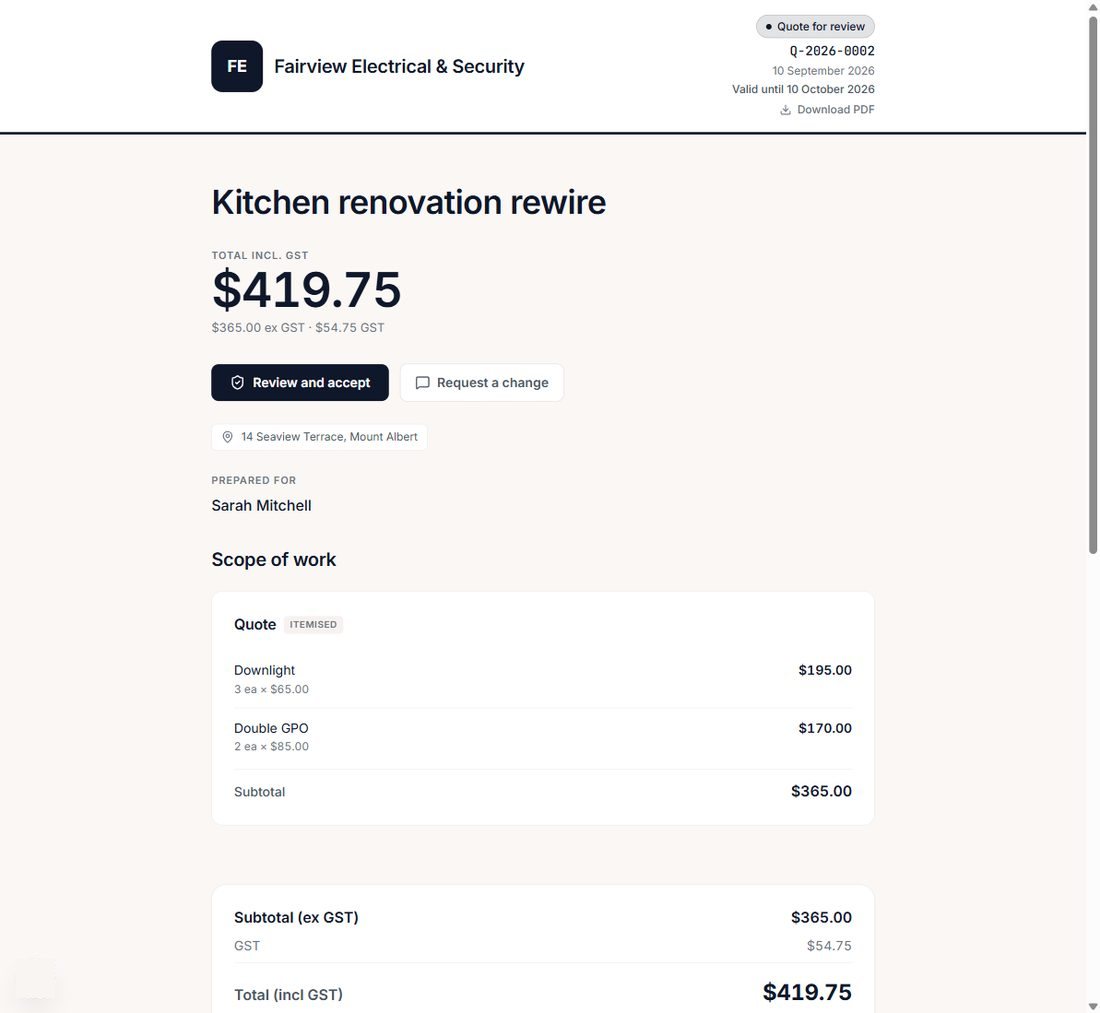 The customer's quote page: the contractor's name, the total, and buttons to review and accept or request a change.