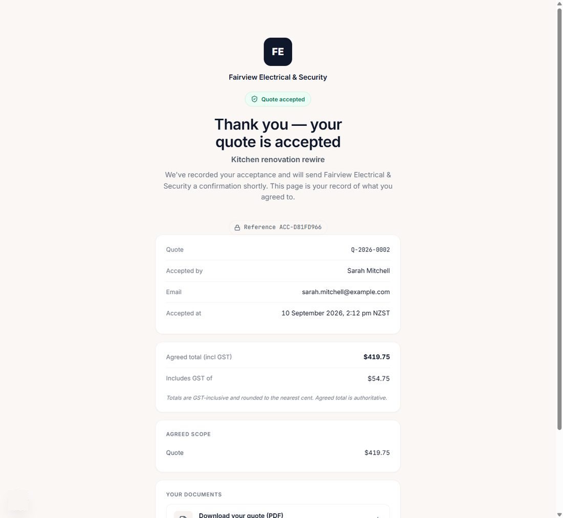 The acceptance receipt showing the quote number, who accepted it, when, and the agreed total.