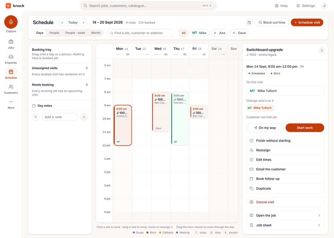 A visit's detail panel beside the schedule, with Start work, Reassign, Edit times and the other actions.
