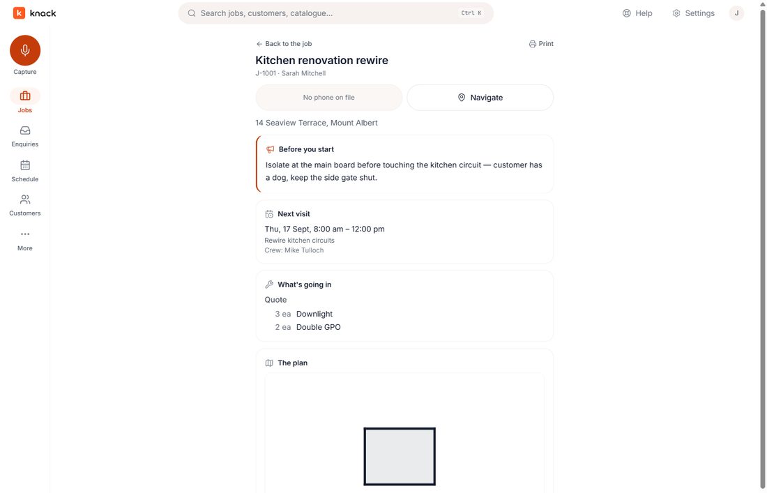 The crew job sheet: address, navigate, the instructions before you start, the next visit and what's going in.