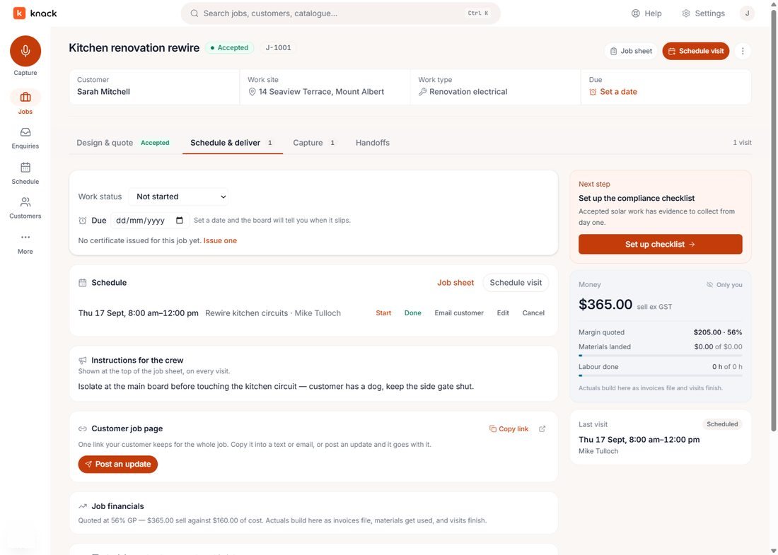 The Customer job page card on the job, with Copy link and Post an update.