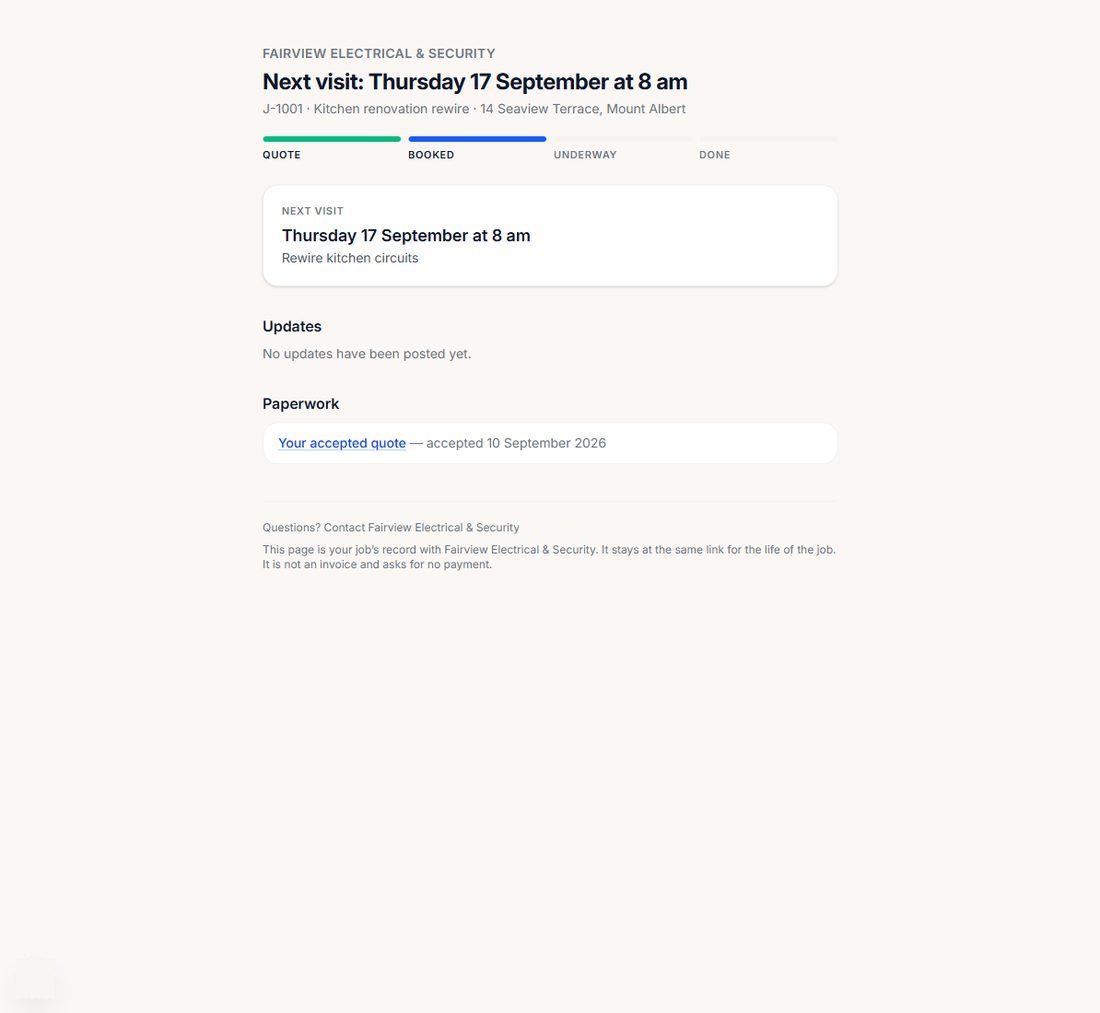 The customer's job page: progress from quote to done, the next visit, updates, and their accepted quote.