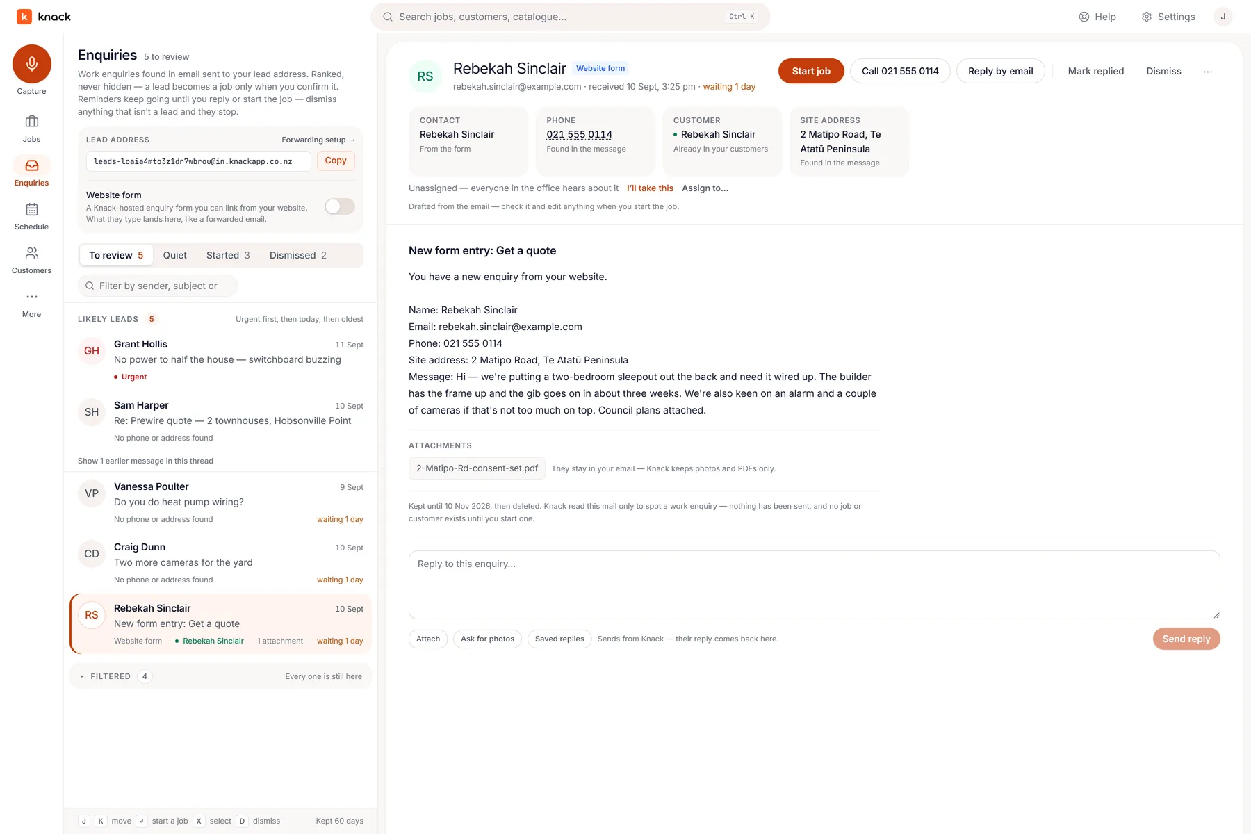 The Knack enquiries inbox — likely leads ranked urgent-first, with a website enquiry opened and a Start job button
