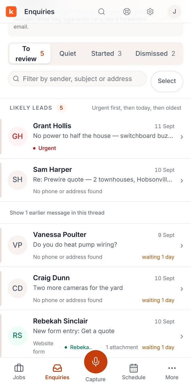Knack on a phone — the enquiries inbox, each lead carrying a state, an owner and a clock