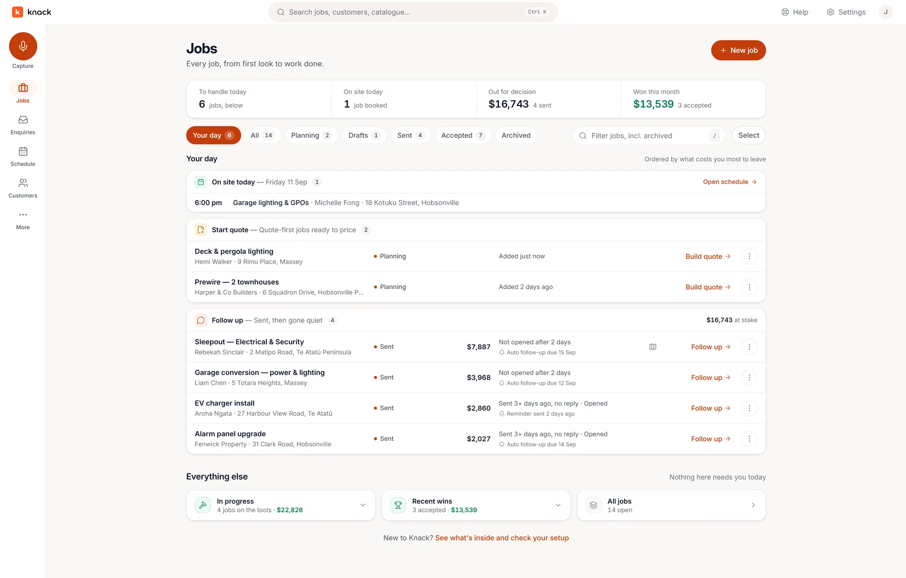 The Knack jobs board — today's briefing, sent quotes with their follow-ups and opens, and the month's accepted total