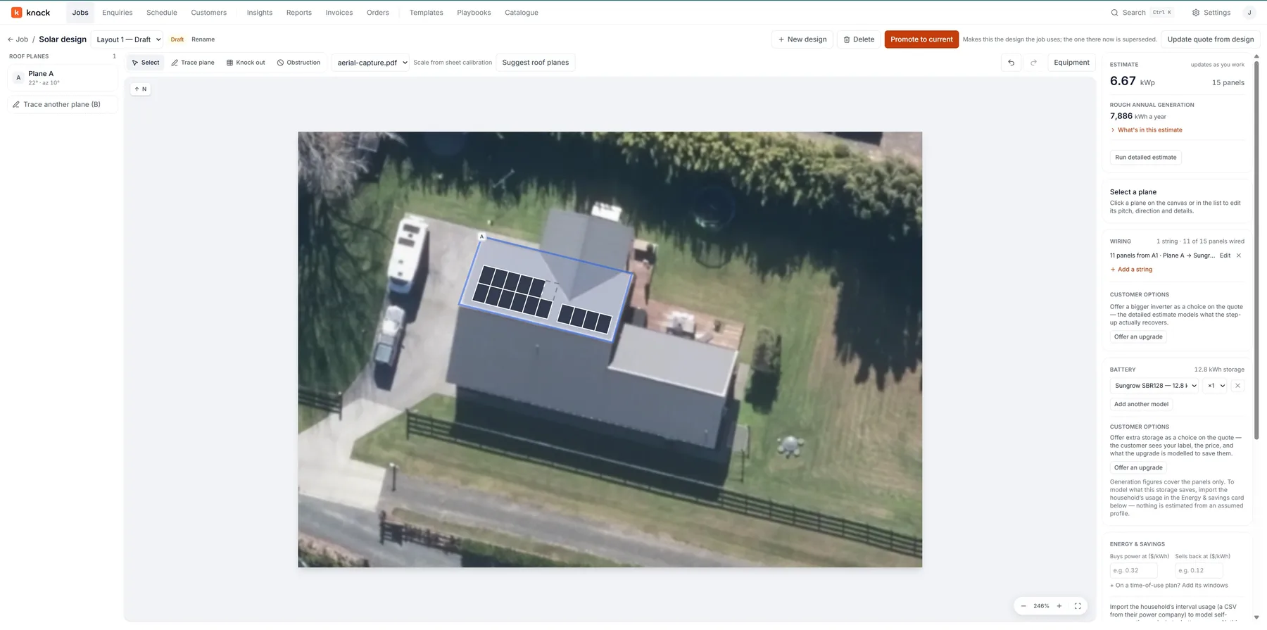 The Knack solar designer — a roof plane traced on aerial imagery with its pitch and azimuth, fifteen panels laid out across two faces, and a live estimate panel showing 6.67 kWp, 7,886 kWh a year, the string wiring and a Sungrow battery
