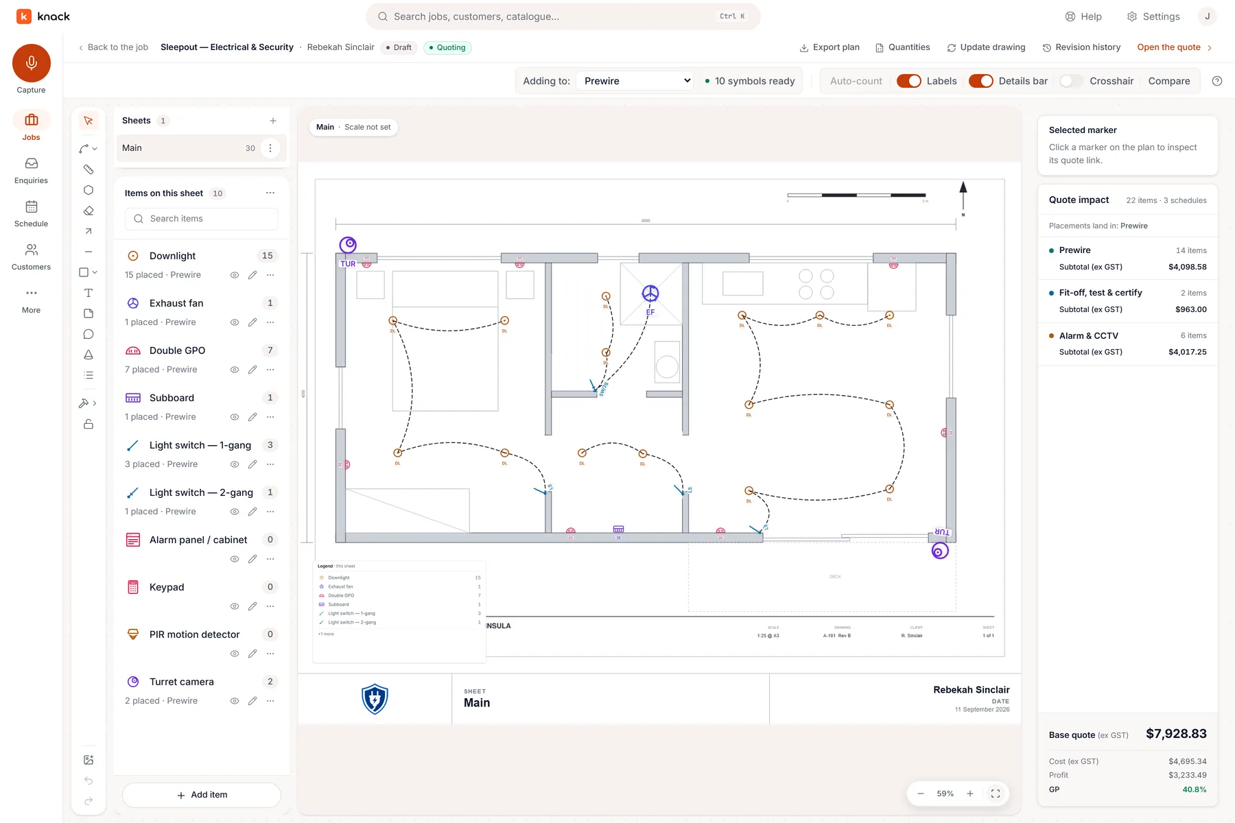 Knack on a laptop, moving through one sleepout job: the floor plan marked up and counted, the quote priced section by section with the private margin alongside, the same quote as the customer sees it, and the week the won work is booked into