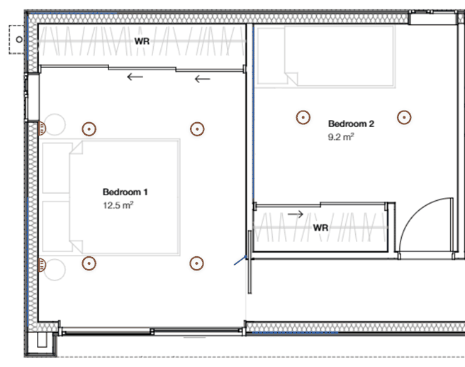 A bedroom floor plan opened in the Knack takeoff, downlights marked